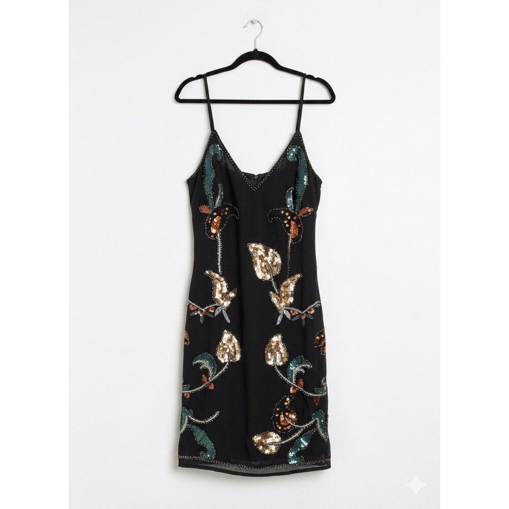 Vtg Nasty Gal Womens Y2K Beaded Whimsigoth Mini Dress Size 2 Black Gold Romantic - Picture 3 of 4